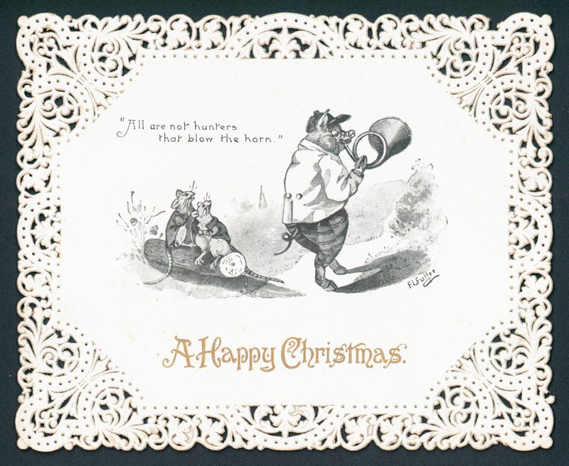 Schwein bläst Horn, Weihnachtskarte von English School