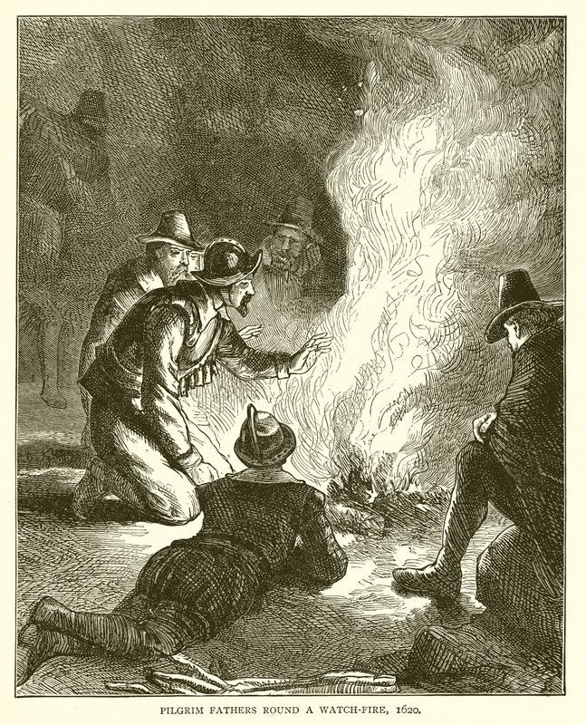 Pilgerväter um ein Wachfeuer, 1620 von English School