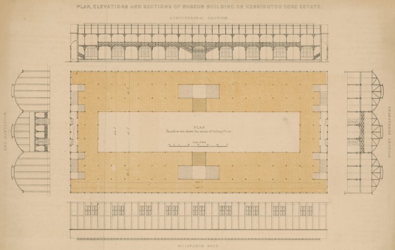 Plan, Ansichten und Schnitte des Museumsgebäudes auf dem Kensington Gore Estate von English School