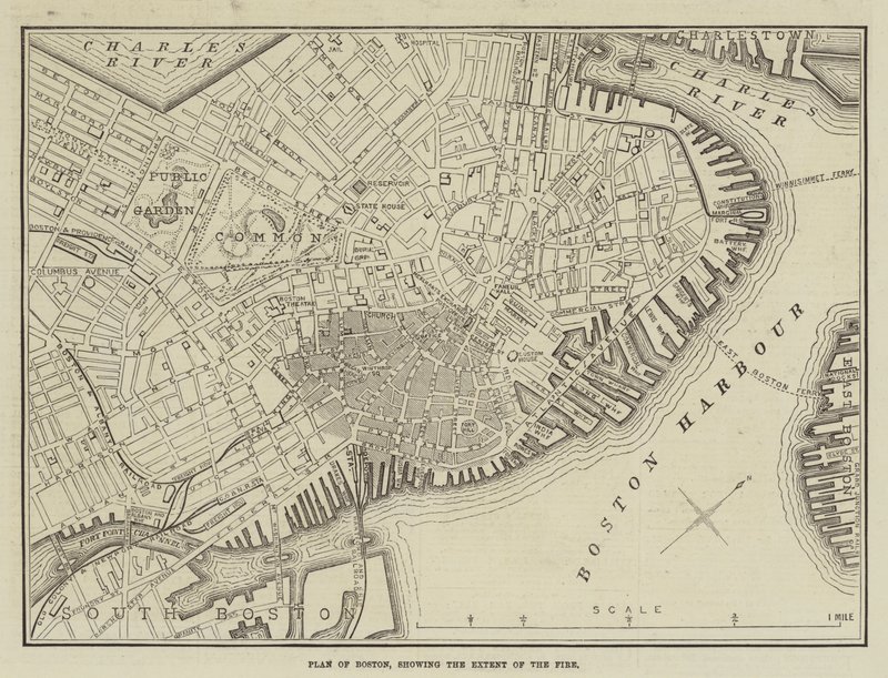 Plan von Boston, der das Ausmaß des Feuers zeigt (Gravur) von English School