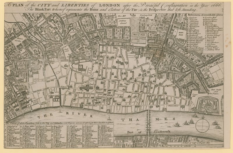 Plan der Stadt und Freiheiten von London nach dem schrecklichen Brand im Jahr 1666 von English School