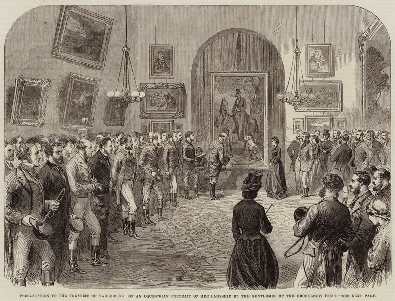 Übergabe eines Reiterporträts der Gräfin von Yarborough durch die Herren der Brocklesby Hunt von English School
