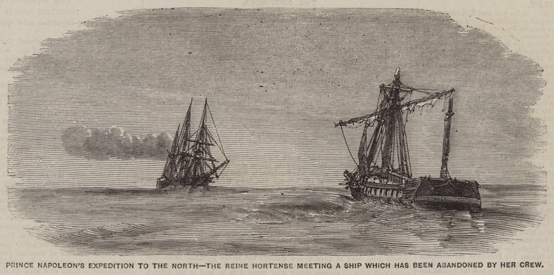 Prinz Napoleons Expedition in den Norden, die Reine Hortense trifft ein Schiff, das von seiner Besatzung verlassen wurde (Gravur) von English School
