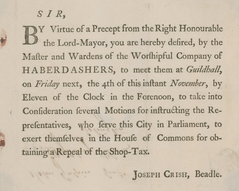 Gedruckter Brief von Joseph Crish, Gemeindebeamter von Guildhall, London von English School