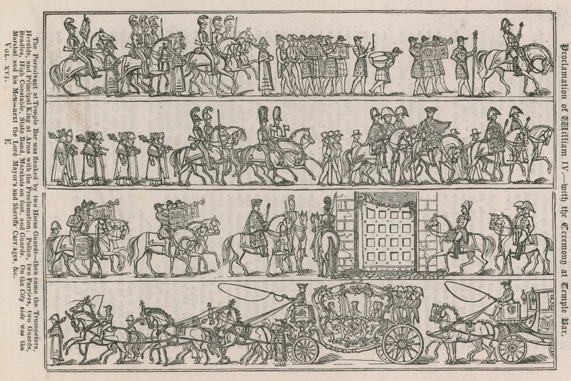 Proklamation von Wilhelm IV. - mit der Zeremonie am Temple Bar von English School