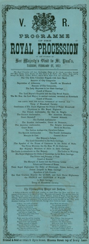 Programm der königlichen Prozession anlässlich des Besuchs Ihrer Majestät in der St. Pauls Kathedrale, London, 27. Februar 1872 von English School