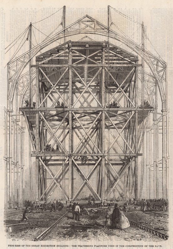 Fortschritt am Internationalen Ausstellungsgebäude; Die fahrbare Plattform, die beim Bau des Schiffs verwendet wurde von English School