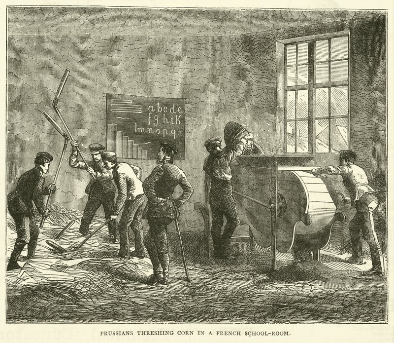 Preußen dreschen Korn in einem französischen Schulzimmer, September 1870 von English School