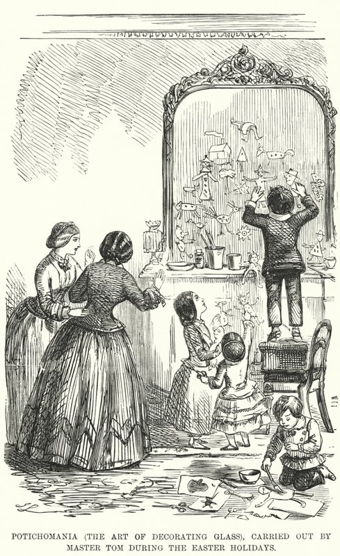 Potichomanie (die Kunst des Glasdekorierens), ausgeführt von Meister Tom während der Osterferien (Stich) von English School