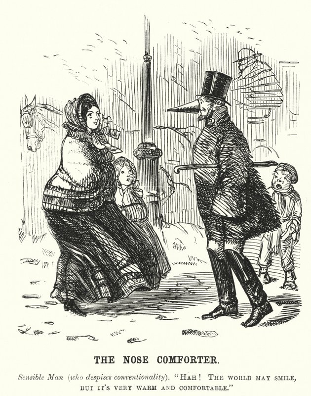 Der Nasenwärmer - Mann schützt seine Nase vor der Kälte (Stich) von English School