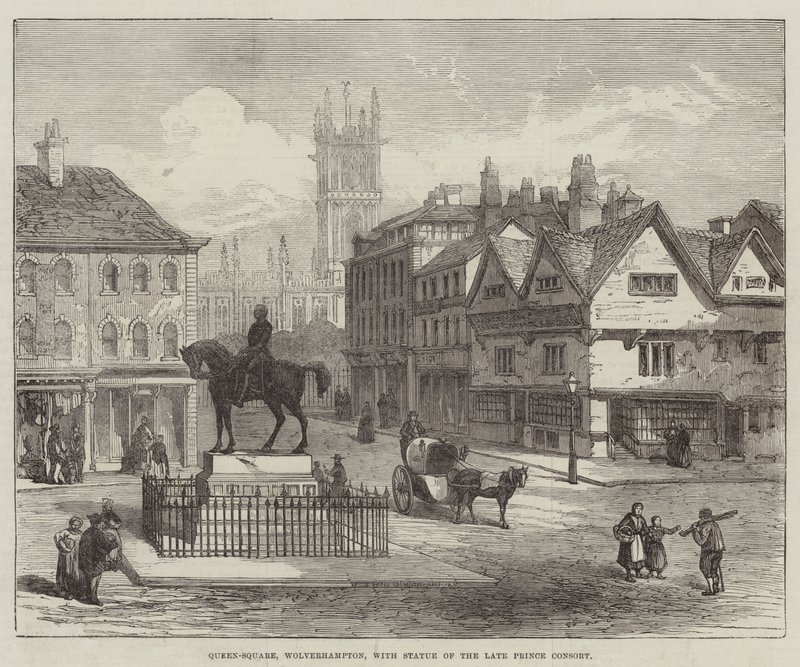 Queen-Square, Wolverhampton, mit Statue des verstorbenen Prinzgemahls (Gravur) von English School