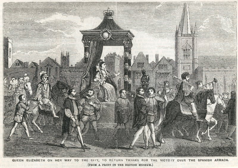 Königin Elisabeth I. auf dem Weg in die Stadt, um für den Sieg über die spanische Armada zu danken von English School