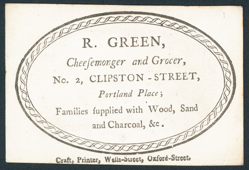 R Green, Käsehändler und Lebensmittelhändler, Visitenkarte von English School