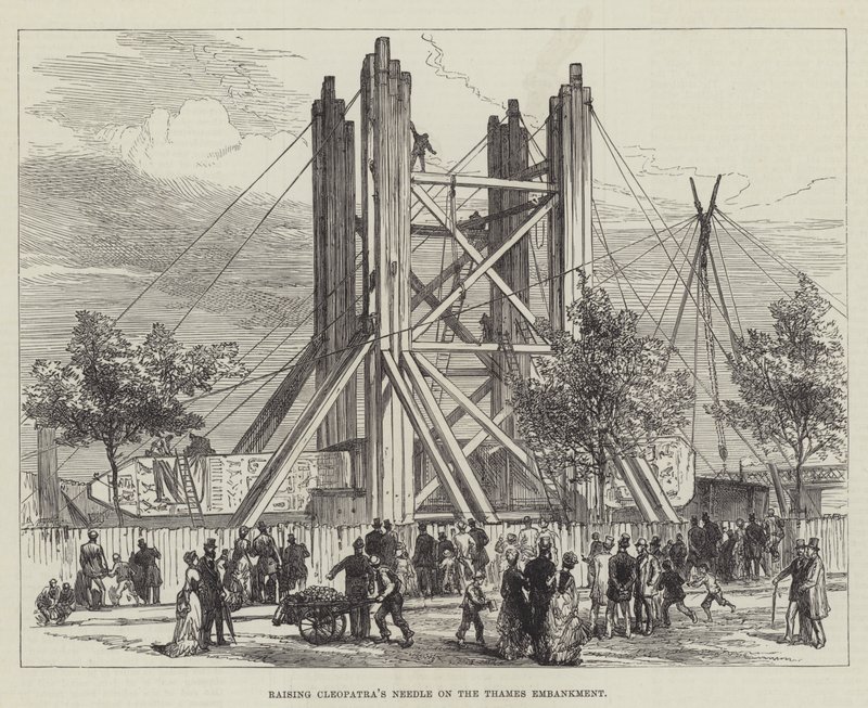 Aufrichten der Nadel der Kleopatra am Themseufer (Gravur) von English School