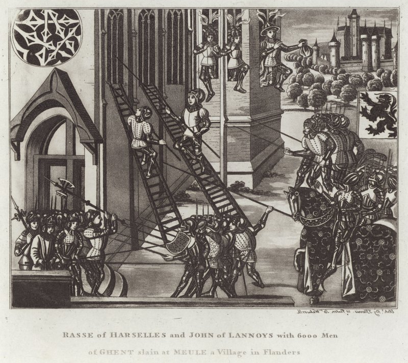 Rasse von Harselles und John von Lannoys mit 6000 Männern aus Gent bei Meule, einem Dorf in Flandern, getötet von English School