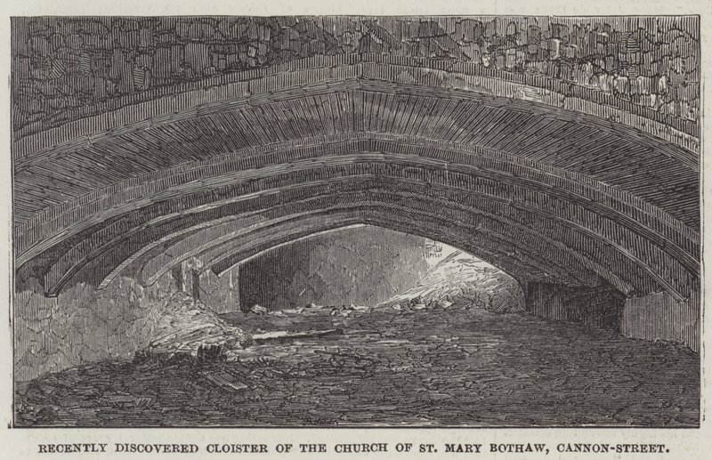 Kürzlich entdeckter Kreuzgang der Kirche St. Mary Bothaw, Cannon-Street (Gravur) von English School