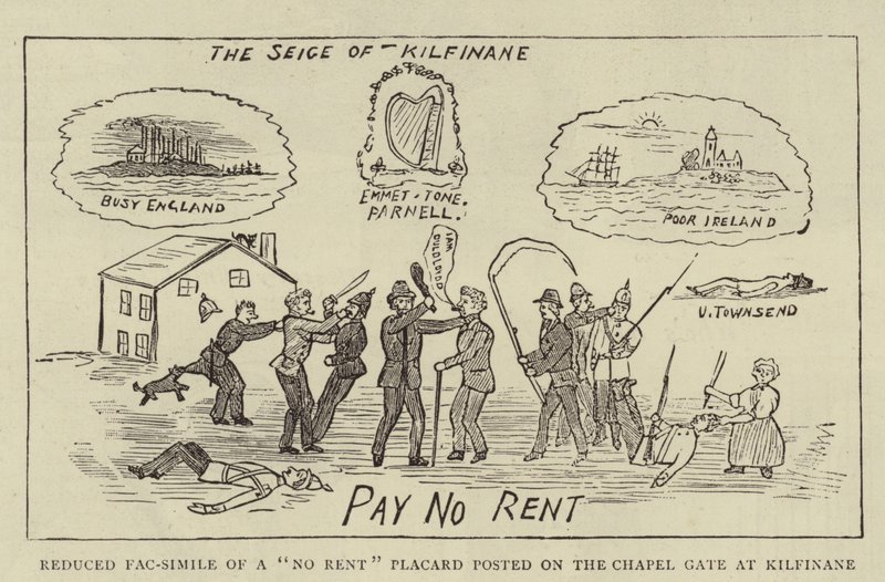 Reduzierte Faksimile eines "No Rent"-Plakats am Kapellentor in Kilfinane (Stich) von English School