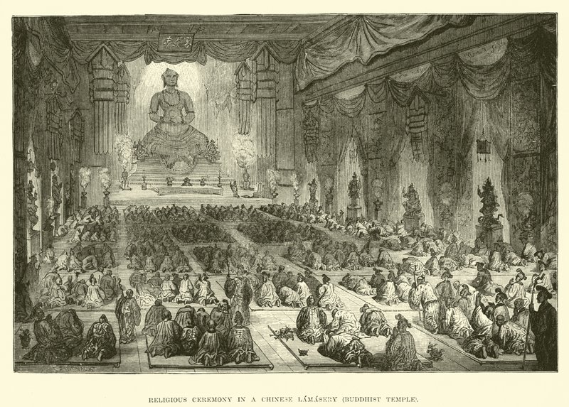 Religiöse Zeremonie in einem chinesischen Lamasery, buddhistischer Tempel von English School