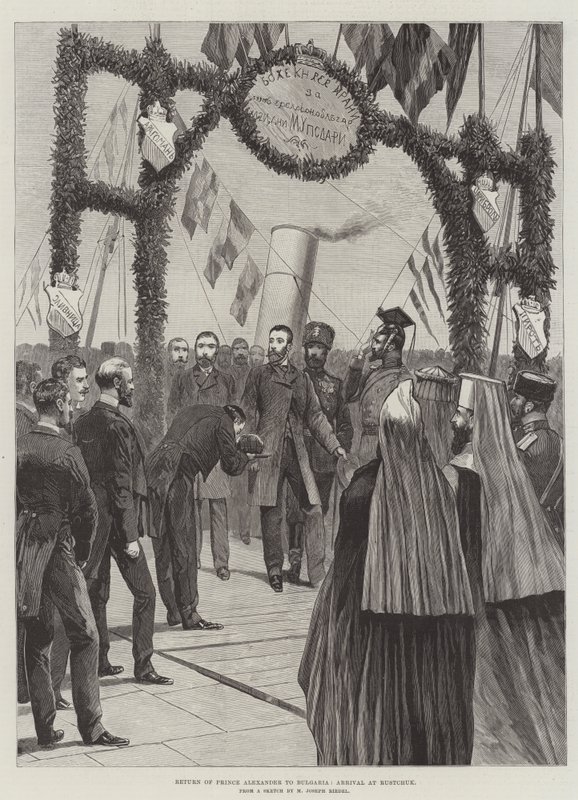 Rückkehr von Prinz Alexander nach Bulgarien, Ankunft in Rustchuk (Gravur) von English School