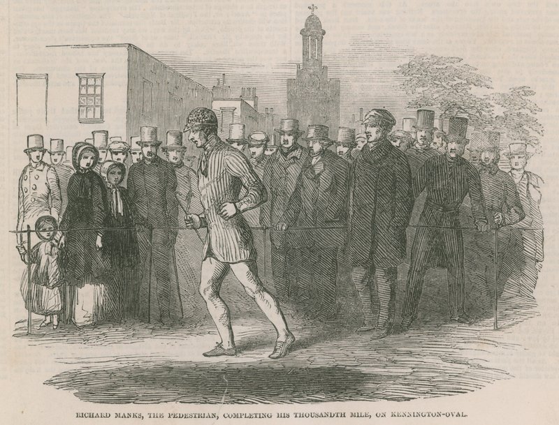 Richard Manks, der Fußgänger, beendet seine tausendste Meile auf dem Kennington Oval von English School