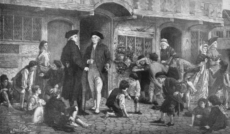 Robert Raikes, der Gründer der Sonntagsschulen, und das Haus, in dem die erste Sonntagsschule stattfand von English School