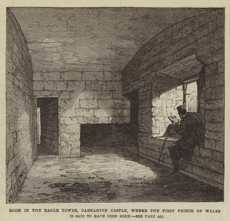 Zimmer im Eagle Tower, Carnarvon Castle, wo der erste Prinz von Wales geboren worden sein soll (Gravur) von English School