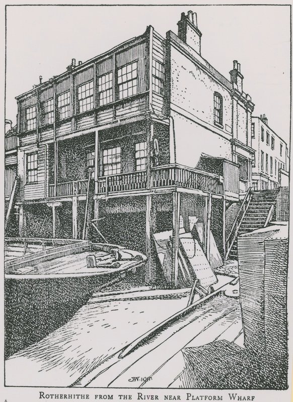 Rotherhithe vom Fluss Thames nahe Platform Wharf; The Angel von English School