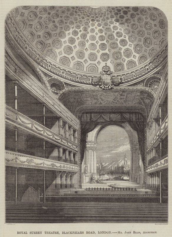 Royal Surrey Theater, Blackfriars Road, London, Mr. John Ellis, Architekt (Gravur) von English School