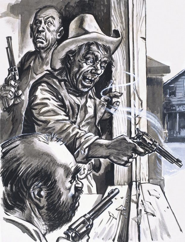 Raufbold-Cowboys schießen aus dem Fenster von English School