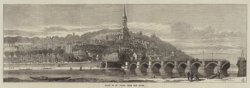 Ruinen von St. Cloud vom Fluss aus (Gravur) von English School