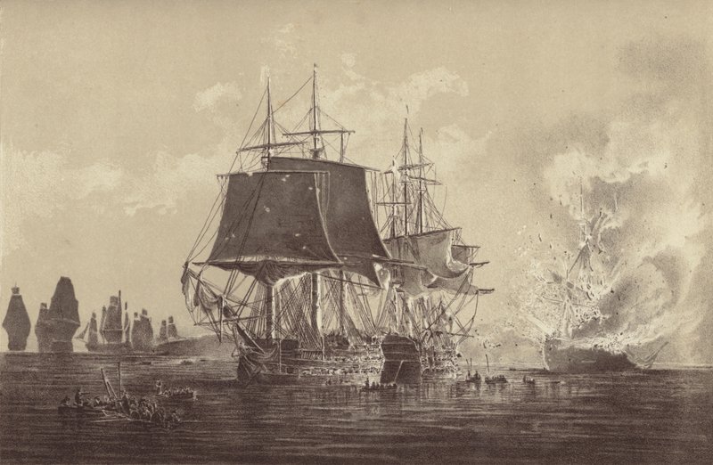 Russisches Schiff Vsevolod zerstört in Anwesenheit der russischen Flotte nach dem Gefecht mit der HMS Implacable, angegliedert an die schwedische Marine und kommandiert von Kapitän Thomas Byam Martin, in der Ostsee, 26. August 1808 von English School