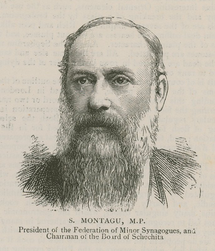 S Montagu, MP, Präsident der Federation of Minor Synagogues und Vorsitzender des Board of Schechita von English School