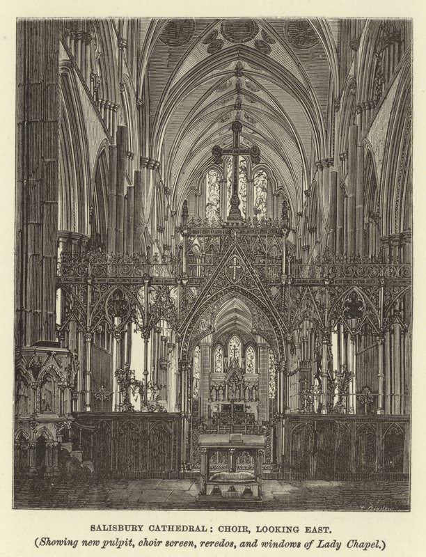 Salisbury Kathedrale, Chor, Blick nach Osten, zeigt neue Kanzel, Chorschranke, Reredos und Fenster der Lady Chapel von English School