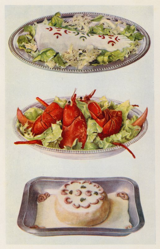 Lachs-Mayonnaise; Hummersalat; Fischsoufflé von English School
