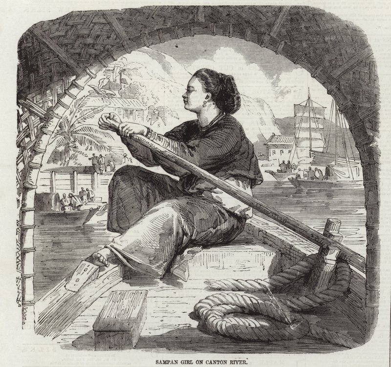 Sampan-Mädchen auf dem Kanton-Fluss von English School