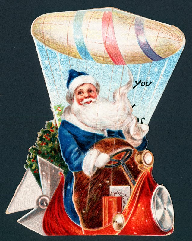 Weihnachtsmann fährt Luftschiff, Weihnachtskarte von English School