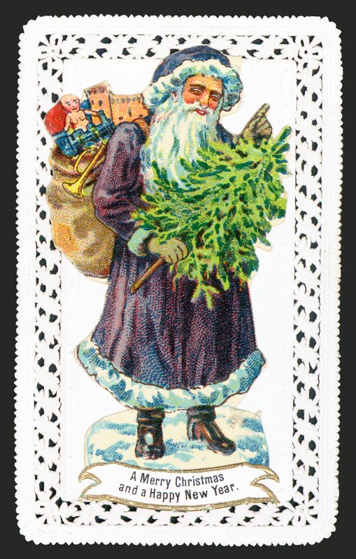 Weihnachtsmann mit Spielzeugsack und Baum, Weihnachtskarte von English School