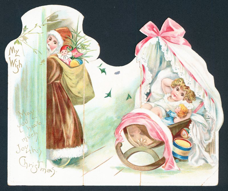 Weihnachtsmann besucht Baby in der Wiege von English School
