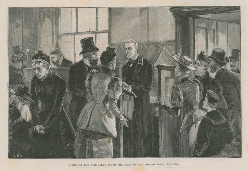 Szene bei der Admiralität nach der Nachricht vom Verlust der Victoria von English School