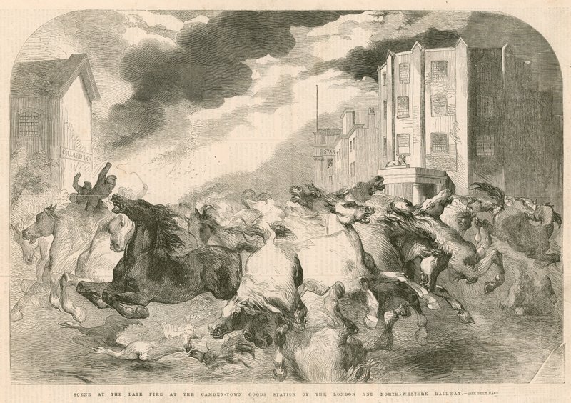Szene beim kürzlichen Feuer im Camden Town Güterbahnhof der London und North-Western Eisenbahn von English School