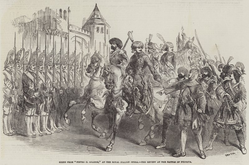Szene aus „Pietro il Grande“ an der Royal Italian Opera, die Überprüfung bei der Schlacht von Pultava (Gravur) von English School