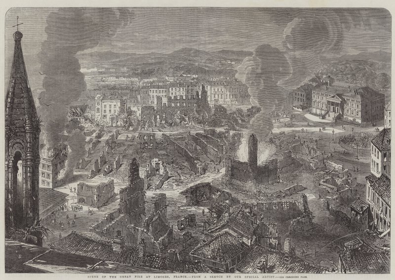 Szene des großen Feuers in Limoges, Frankreich (Stich) von English School