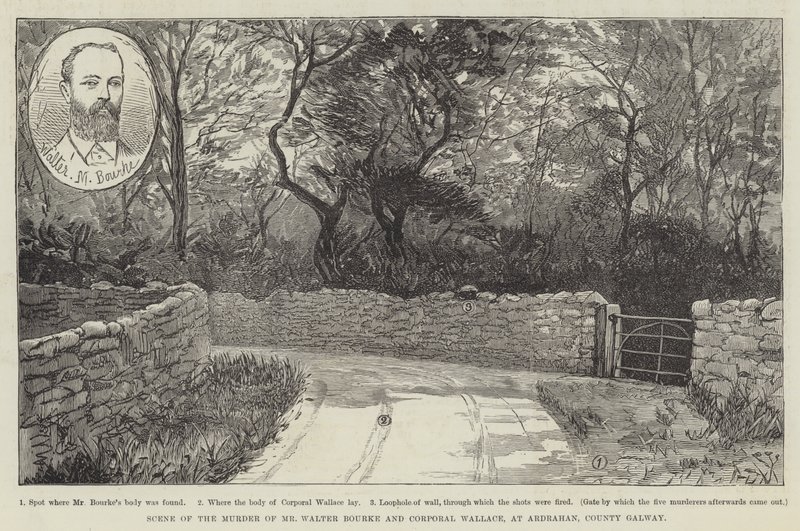 Szene des Mordes an Mr. Walter Bourke und Corporal Wallace in Ardrahan, County Galway von English School