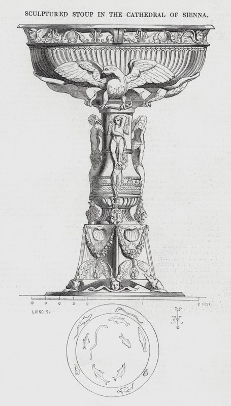 Skulpturierte Weihwasserschale in der Kathedrale von Siena (Gravur) von English School
