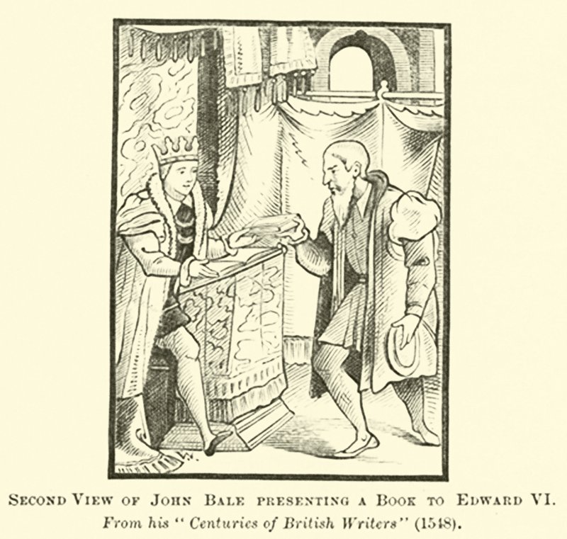 Zweite Ansicht von John Bale, der ein Buch an Edward VI. überreicht von English School