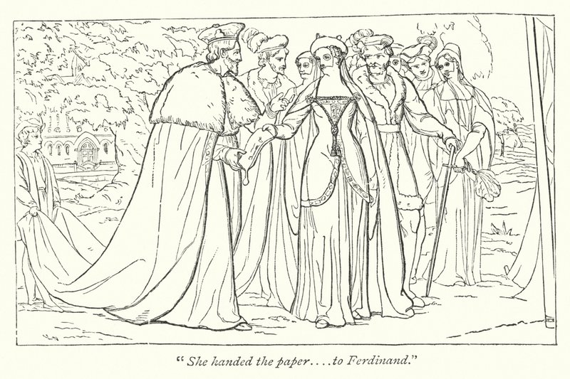 Verlorene Liebesmüh; Die französische Prinzessin überreicht Ferdinand ein Dokument ihres Vaters (Stich) von English School