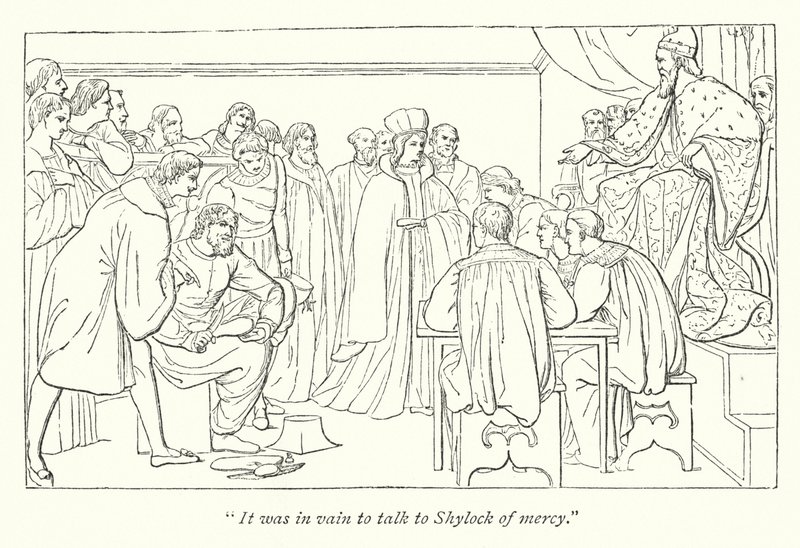 Shakespeares Der Kaufmann von Venedig; Gerichtshof, der Doge lädt Portia zu ihrem Platz ein von English School