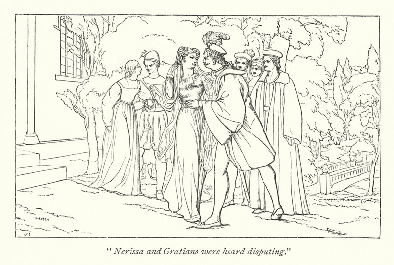 Der Kaufmann von Venedig; Portia enthüllt sich als der vorgetäuschte Doktor der Gesetze (Stich) von English School