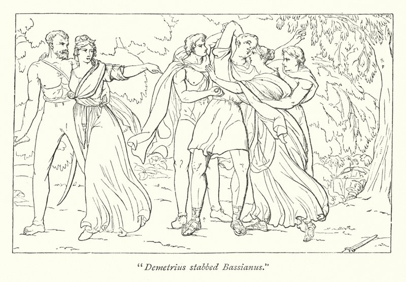 Shakespeares Titus Andronicus; Demetrius, angestiftet von Tamora, ermordet Bassianus (Gravur) von English School