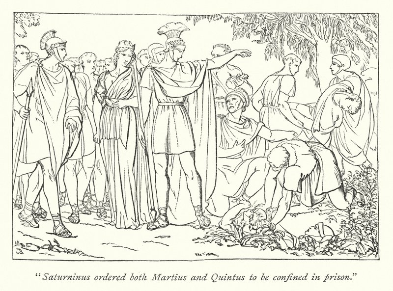 Shakespeares Titus Andronicus; Martius und Quintus werden wegen des Mordes an Bassianus verhaftet (Gravur) von English School